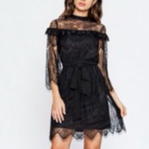Black Floral Goth Lace Scalloped Hem Ruffle Belted Mini Dress Small Medium Large